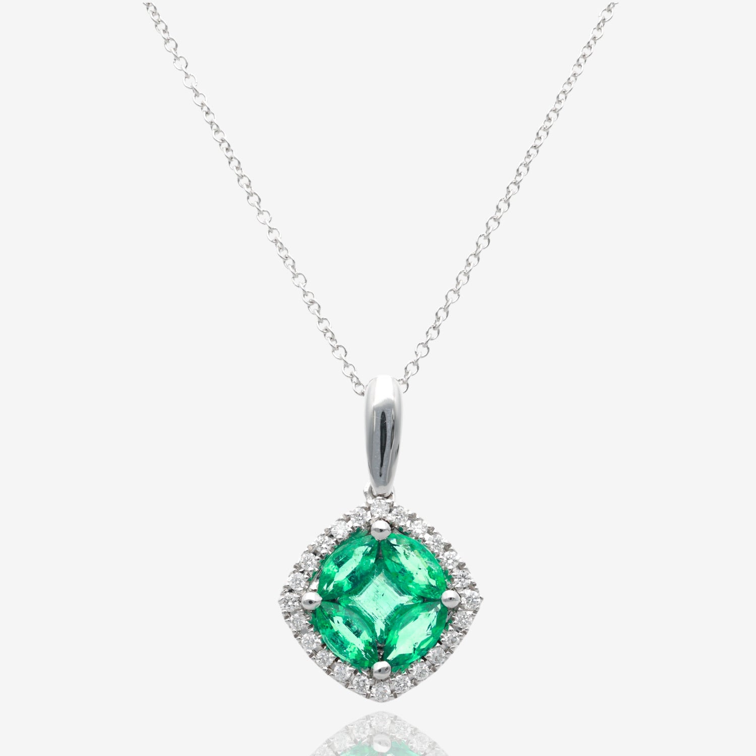 14K White Gold Radiant Clover Emerald and Diamond Pendant
