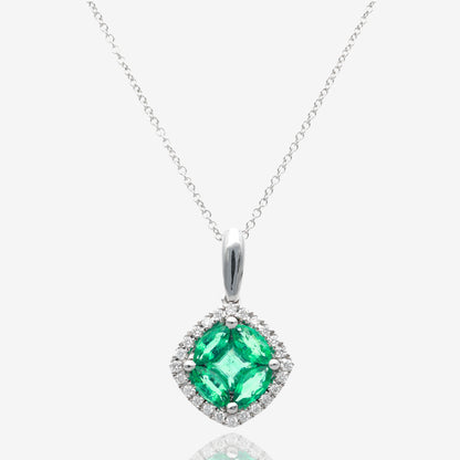 14K White Gold Radiant Clover Emerald and Diamond Pendant