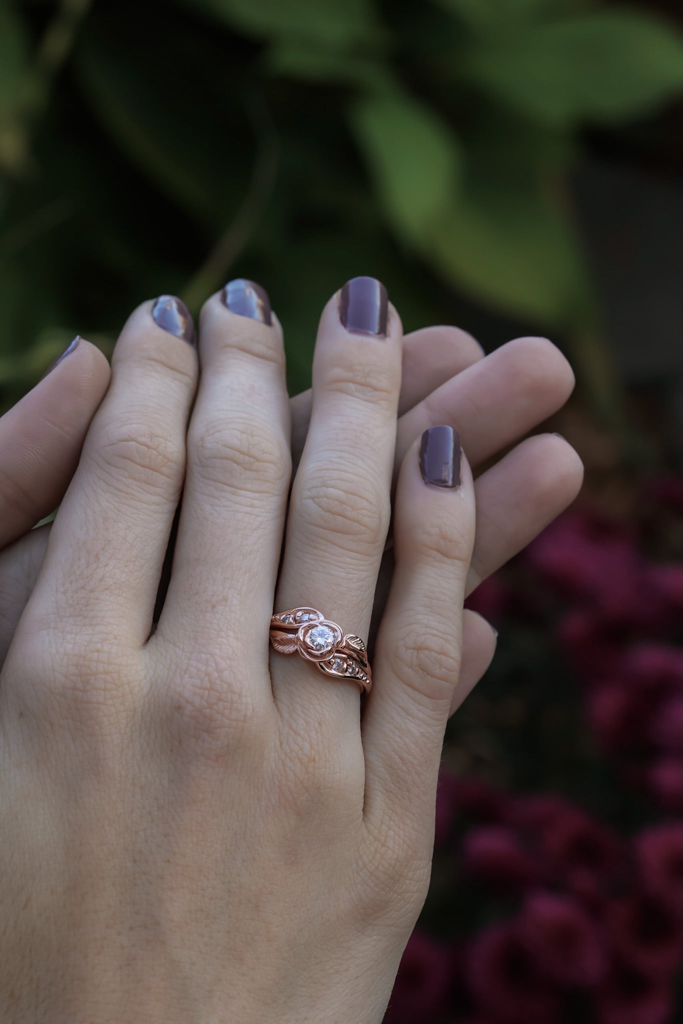 Prize Tea Rose Wedding Set, Rose Gold and Moissanite