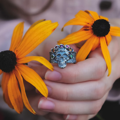 Silver Multi Gemstone Ring, Sugar Skull Calavera Crown