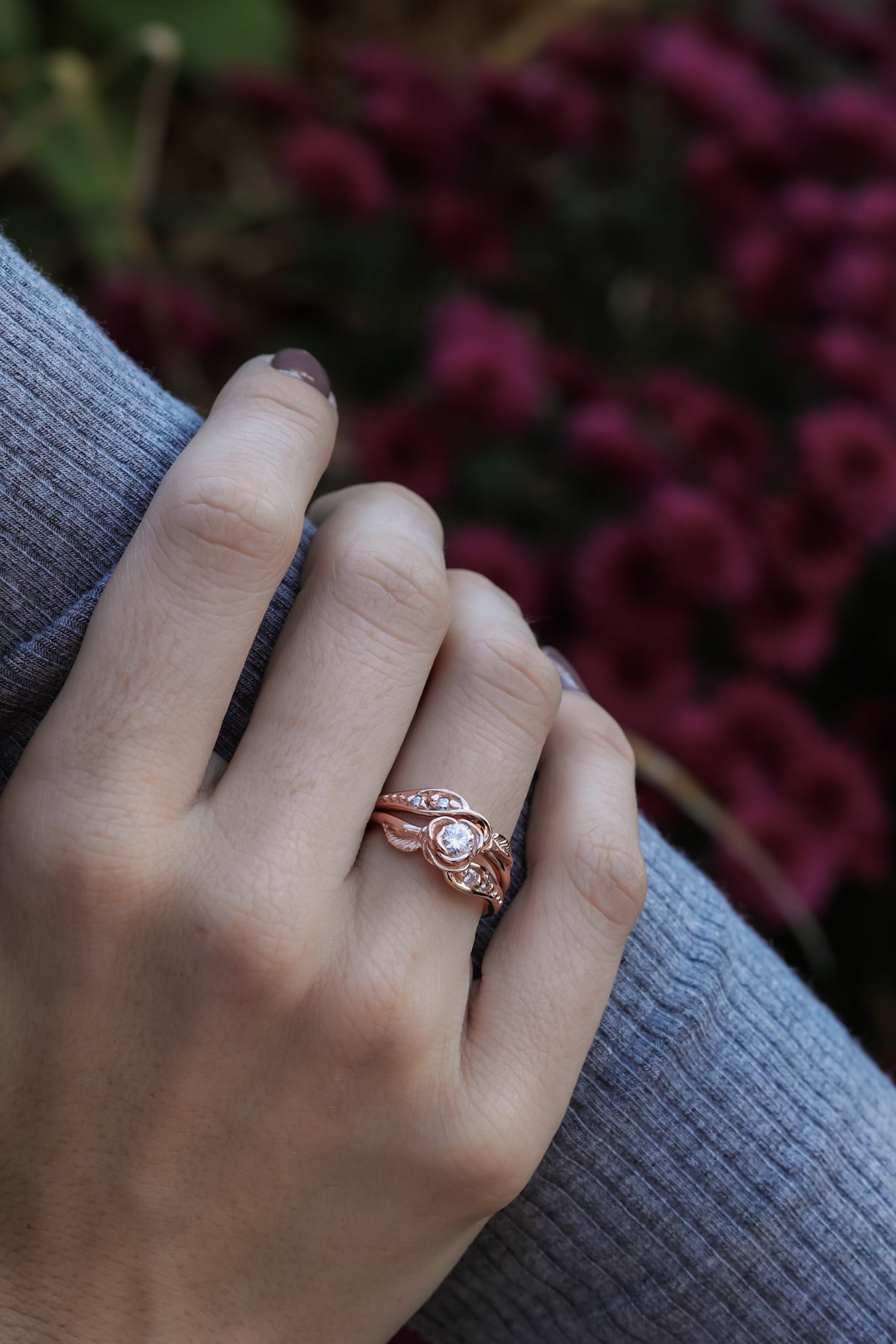 Prize Tea Rose Wedding Set, Rose Gold and Moissanite