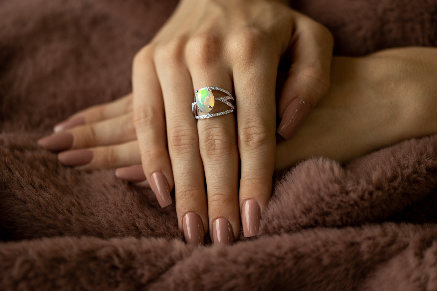 Opal diamond white gold ring