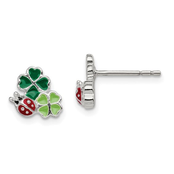 Ladybug and Clovers Enamel Sterling Silver Earrings