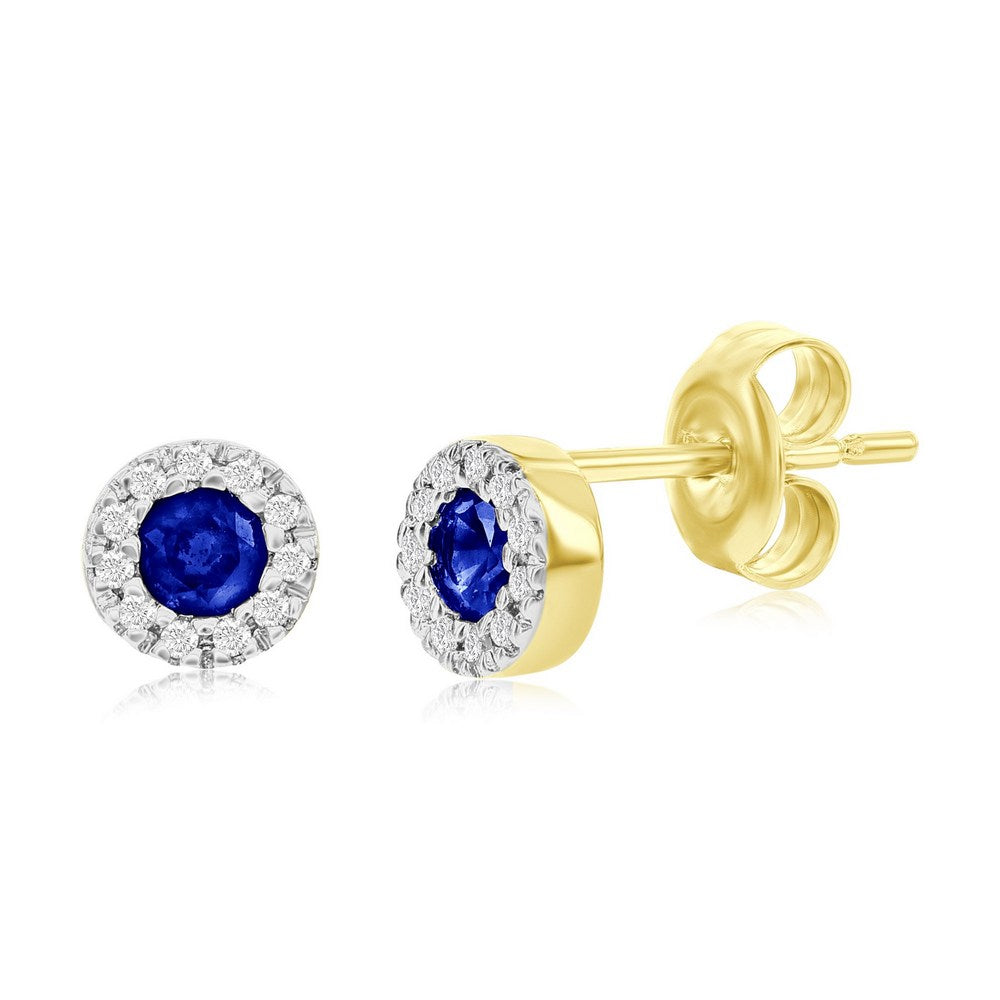 14K Yellow Gold 3mm Round Sapphire and Diamond Studs