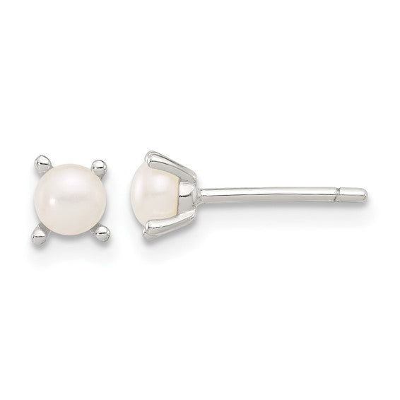 Silver 4mm White Pearl June Birthstone Silver Earrings