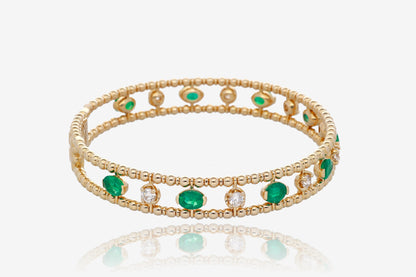 Emerald and Diamond Beaded Flex Bangle in 14K Yellow Gold