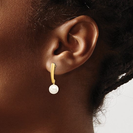 10K 6-7mm White Round Freshwater Cultured Pearl Post Dangle Earrings