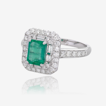 Emerald Cut Emerald and Double Halo Diamond Ring in 14K White Gold
