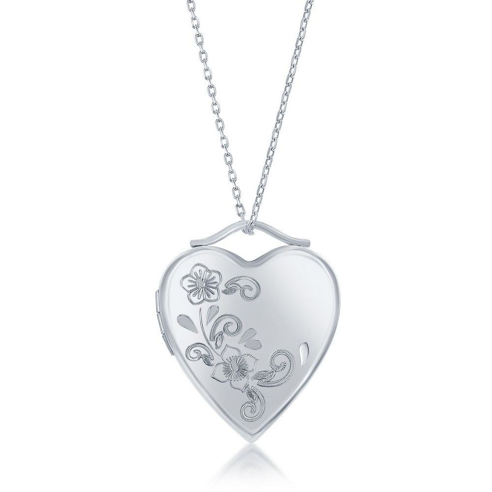 Sterling Silver Floral Design Heart Locket With Chain