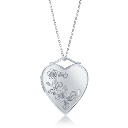 Sterling Silver Floral Design Heart Locket With Chain