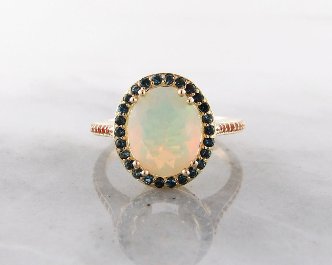 18K Yellow Gold Opal, Topaz Ring, Fiery