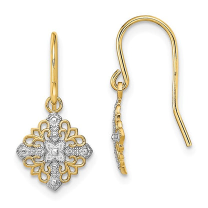 14K Two Tone Fancy Filigree Dangle Earrings