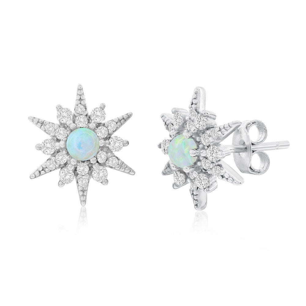 Sterling Silver White Opal Sunburst CZ Earrings