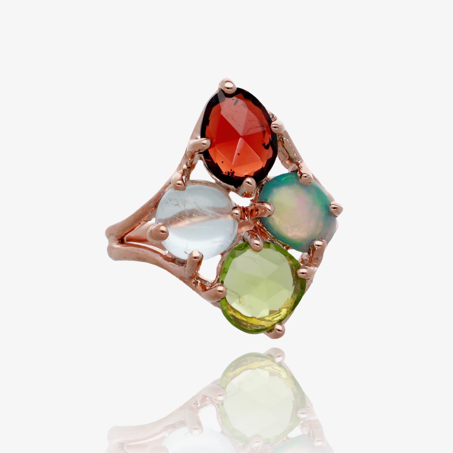 Aurora Garden One of a Kind 14K Rose Gold Multi Gemstone Ring with Garnet, Peridot, Opal and Aquamarine