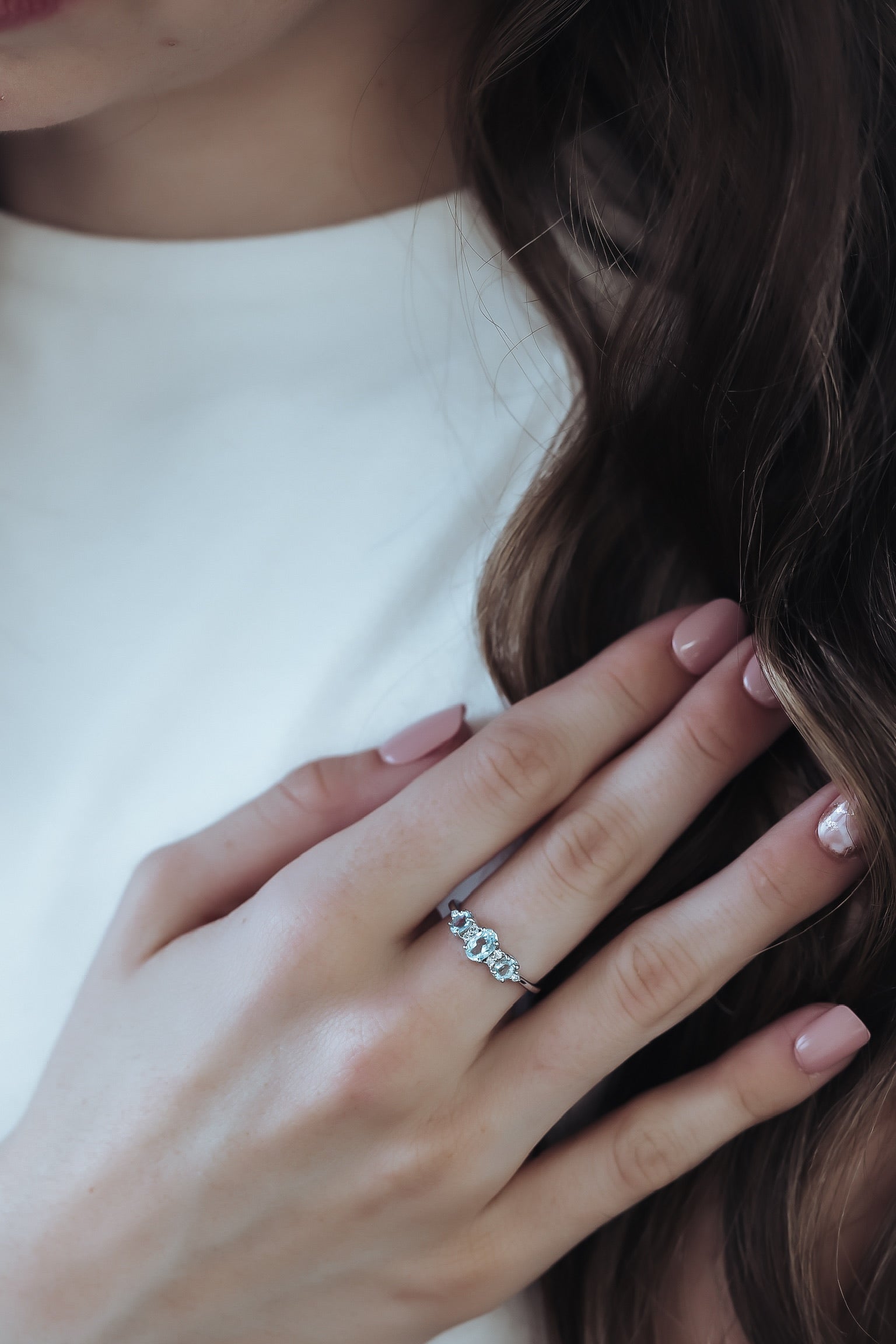 Cherished Blue Aquamarine and Diamond Silver Ring