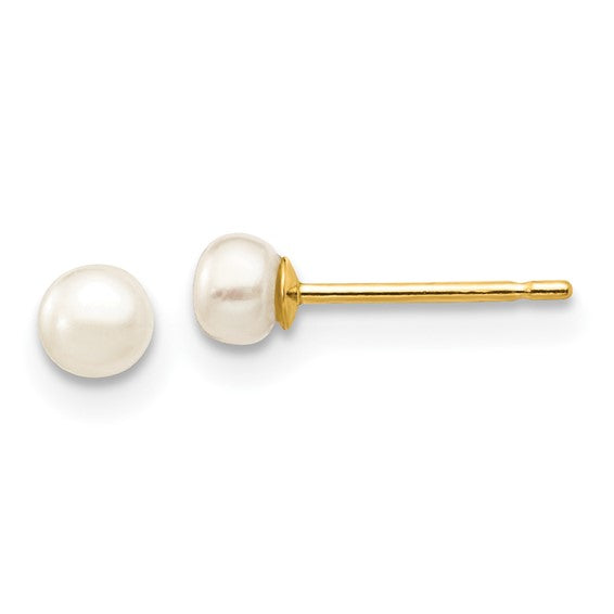 14K YG 3-4mm White Button Freshwater Cultured Pearl Earrings