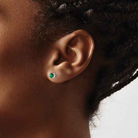 Sterling Silver 4mm Round Created Emerald Post Earrings