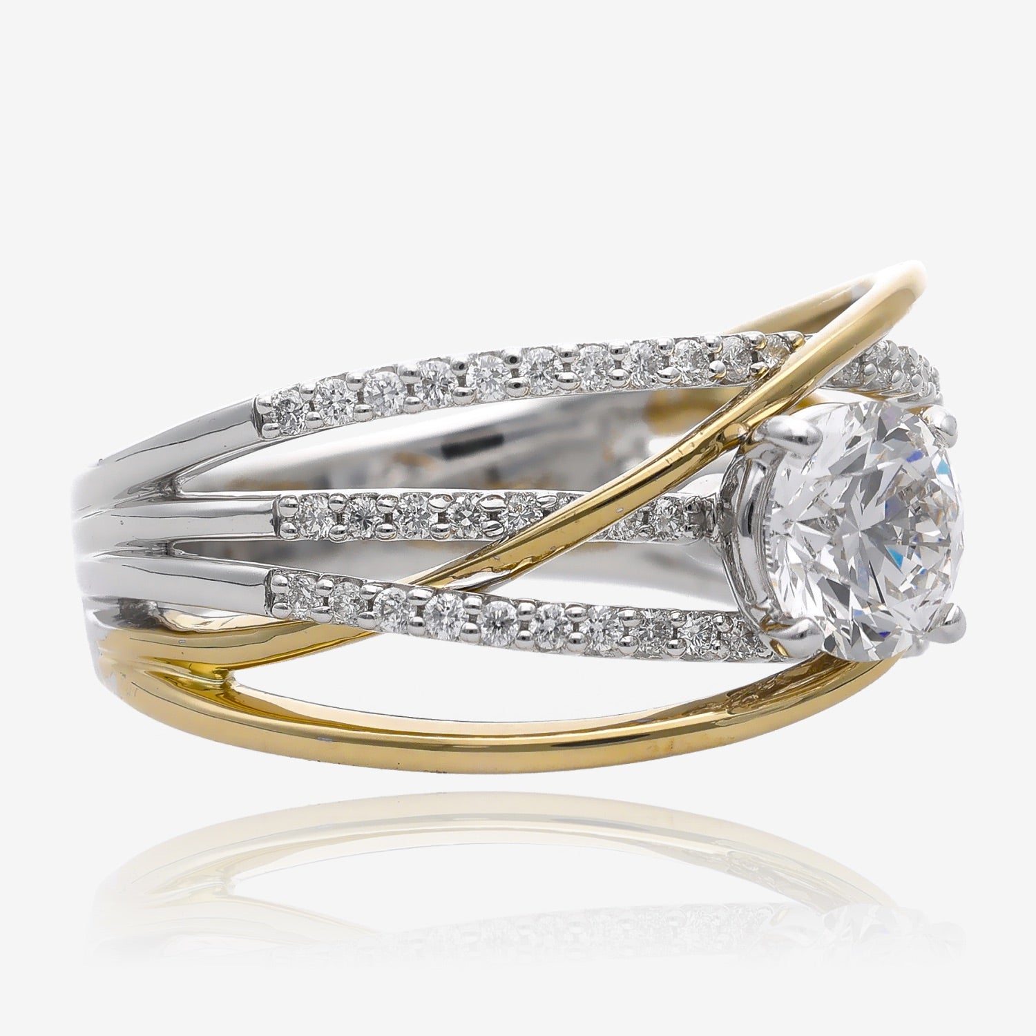 Wideband made from interlocked, white and yellow gold swirls. Set with one large diamond, and accented with several dozen small diamonds beneath it.