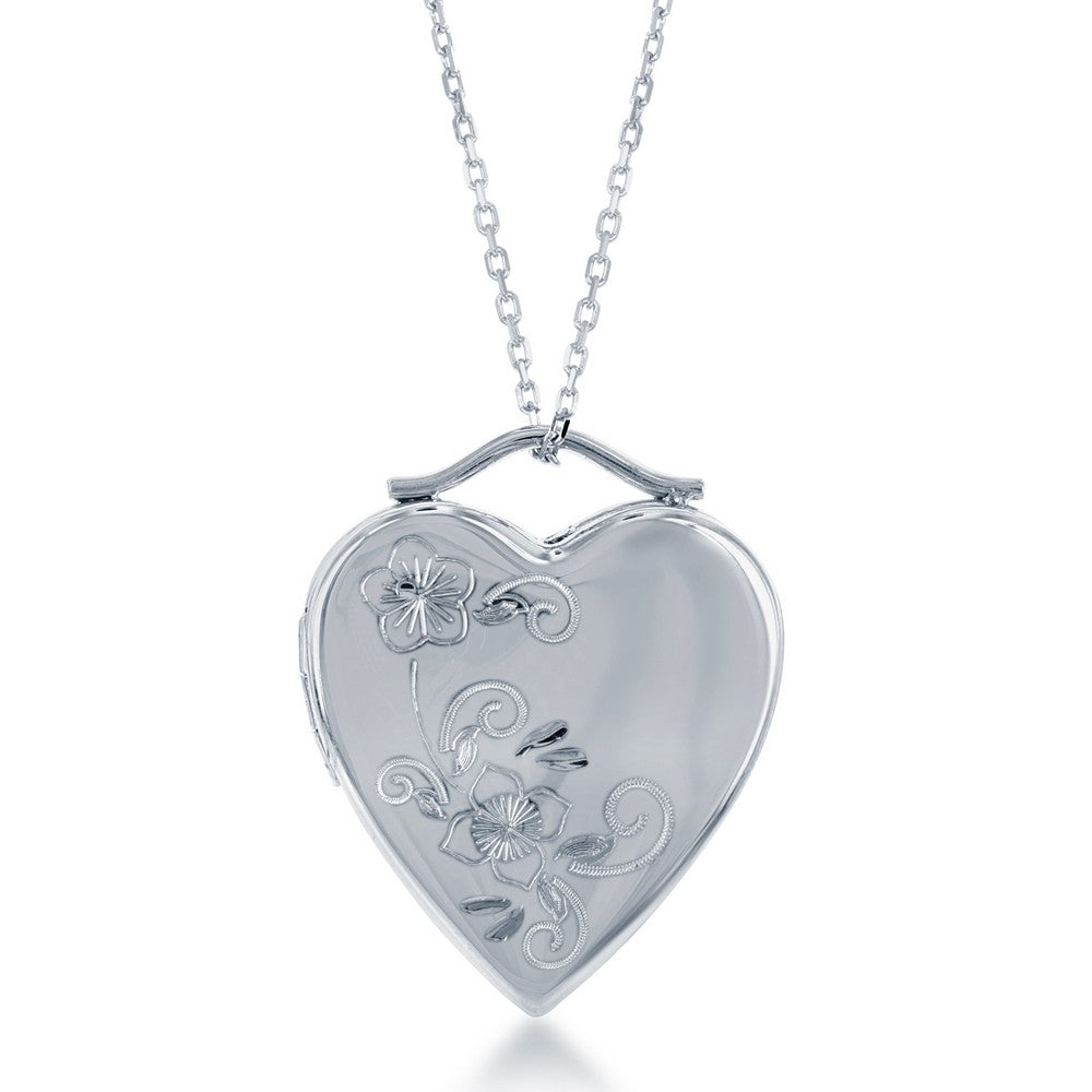 Sterling Silver Floral Design Heart Locket With Chain