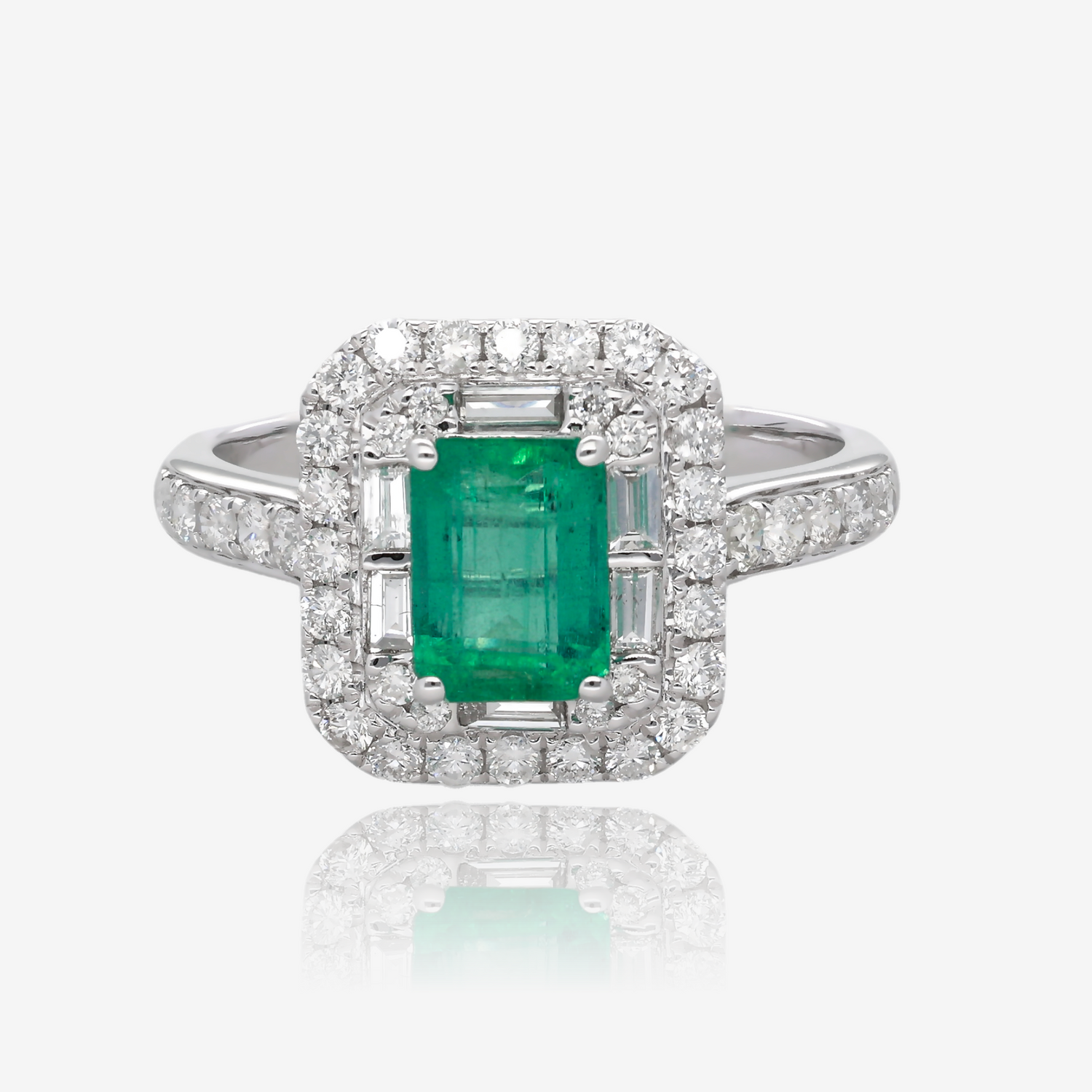 Emerald Cut Emerald and Double Halo Diamond Ring in 14K White Gold