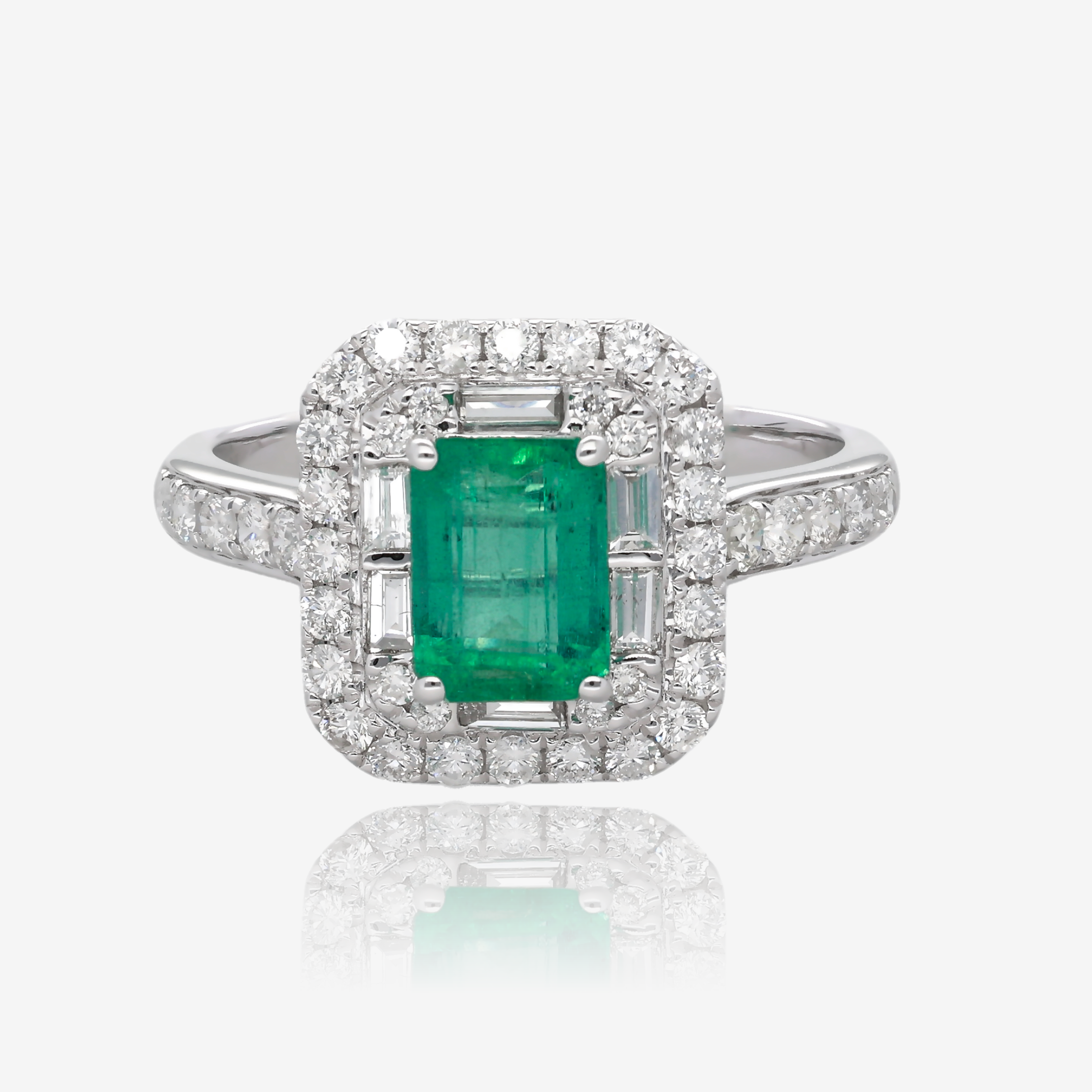 Emerald Cut Emerald and Double Halo Diamond Ring in 14K White Gold