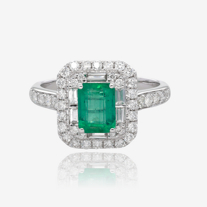 Emerald Cut Emerald and Double Halo Diamond Ring in 14K White Gold