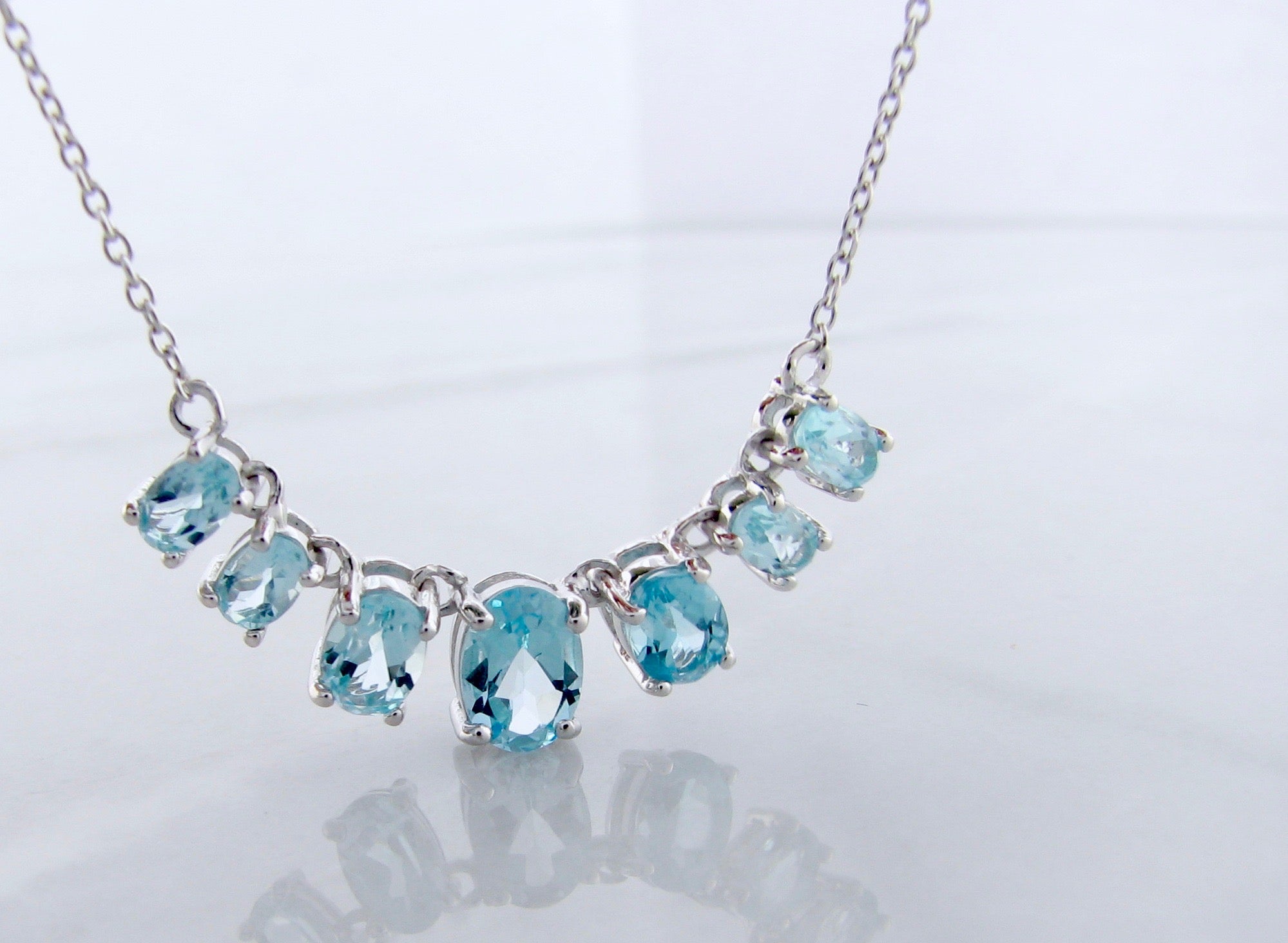 Oval Blue Topaz Sterling Silver Graduated Split Chain Necklace, Boheme