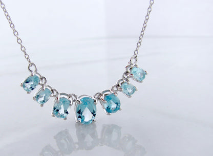 Oval Blue Topaz Sterling Silver Graduated Split Chain Necklace, Boheme