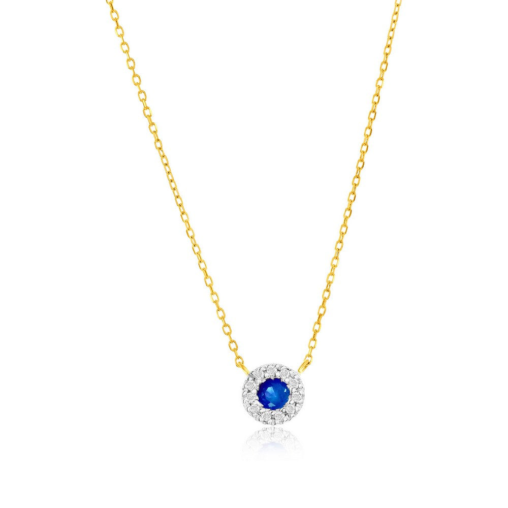 14K Yellow Gold, 3mm Round Sapphire and Diamond Necklace