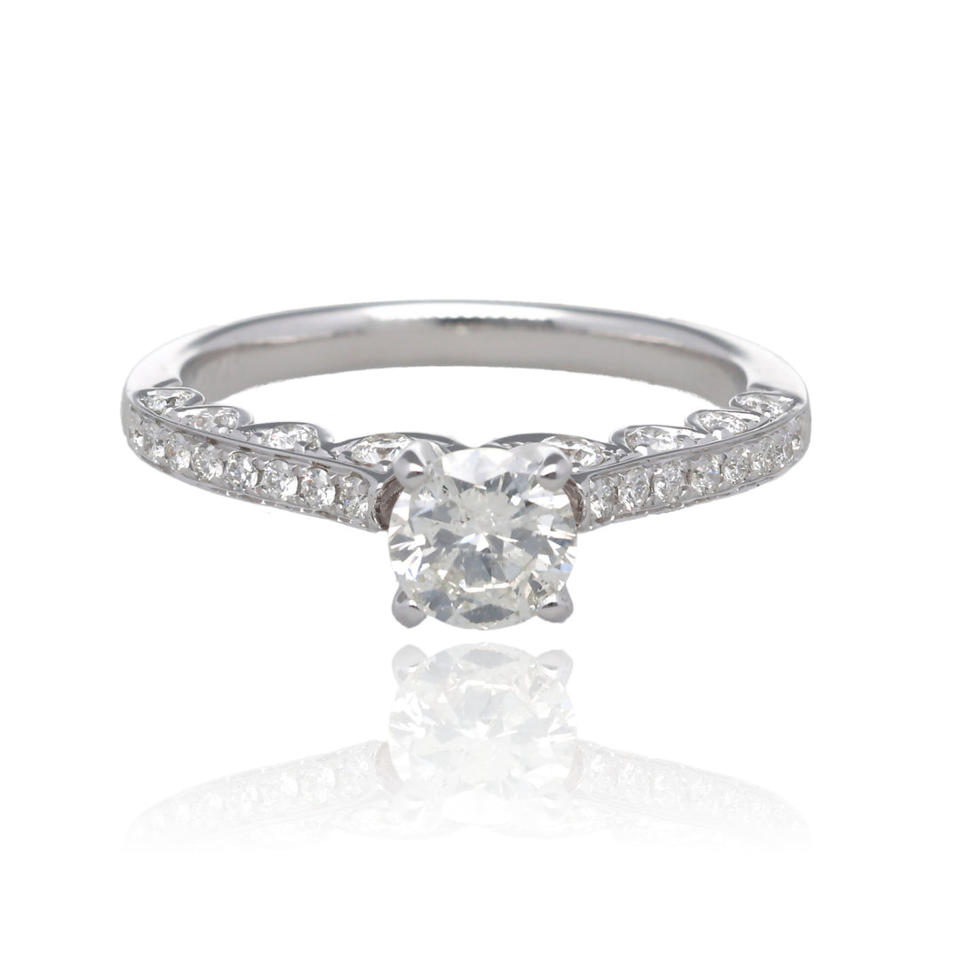 Timeless Grace 14K White Gold Natural Diamond Engagement Ring with Scalloped Gallery and Round Diamond