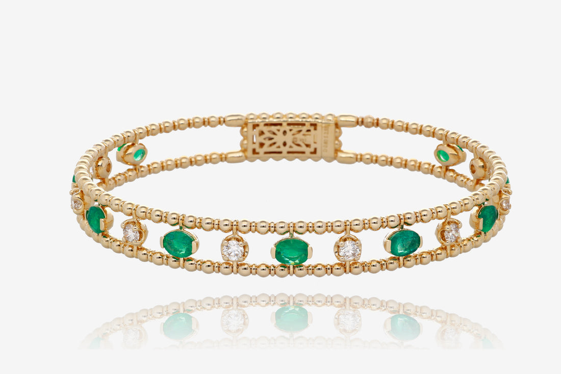 Emerald and Diamond Beaded Flex Bangle in 14K Yellow Gold