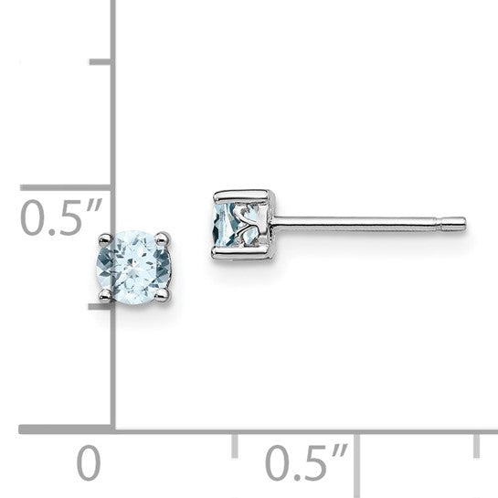 Silver 4mm Round Aquamarine March Birthstone Ear Studs