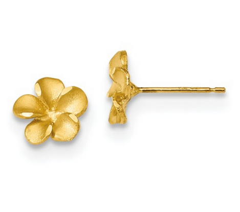 14k Satin Diamond-cut Plumeria Post Earrings