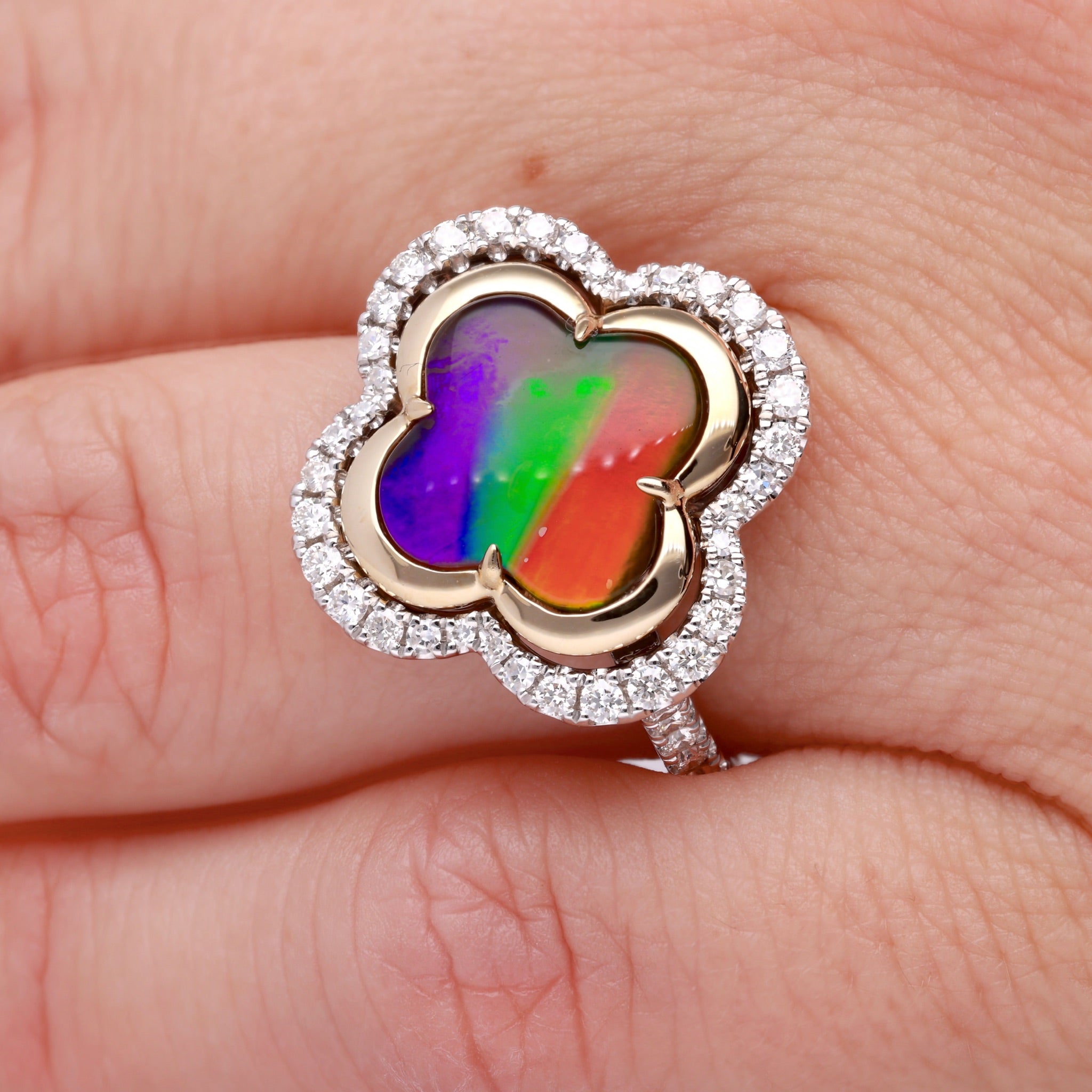 Two Tone Gold Iridescent Clover Amolite Diamond Ring