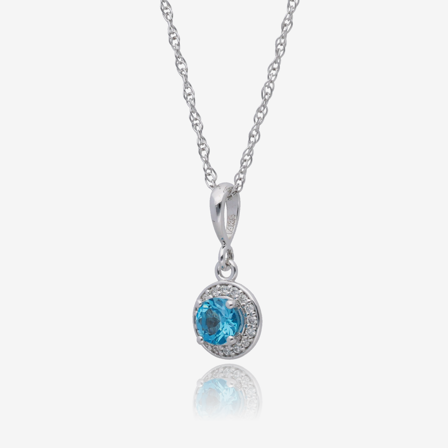 Sky Blue Topaz and Lab Grown Diamond Halo Pendant in 14K White Gold