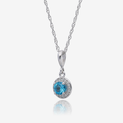Sky Blue Topaz and Lab Grown Diamond Halo Pendant in 14K White Gold