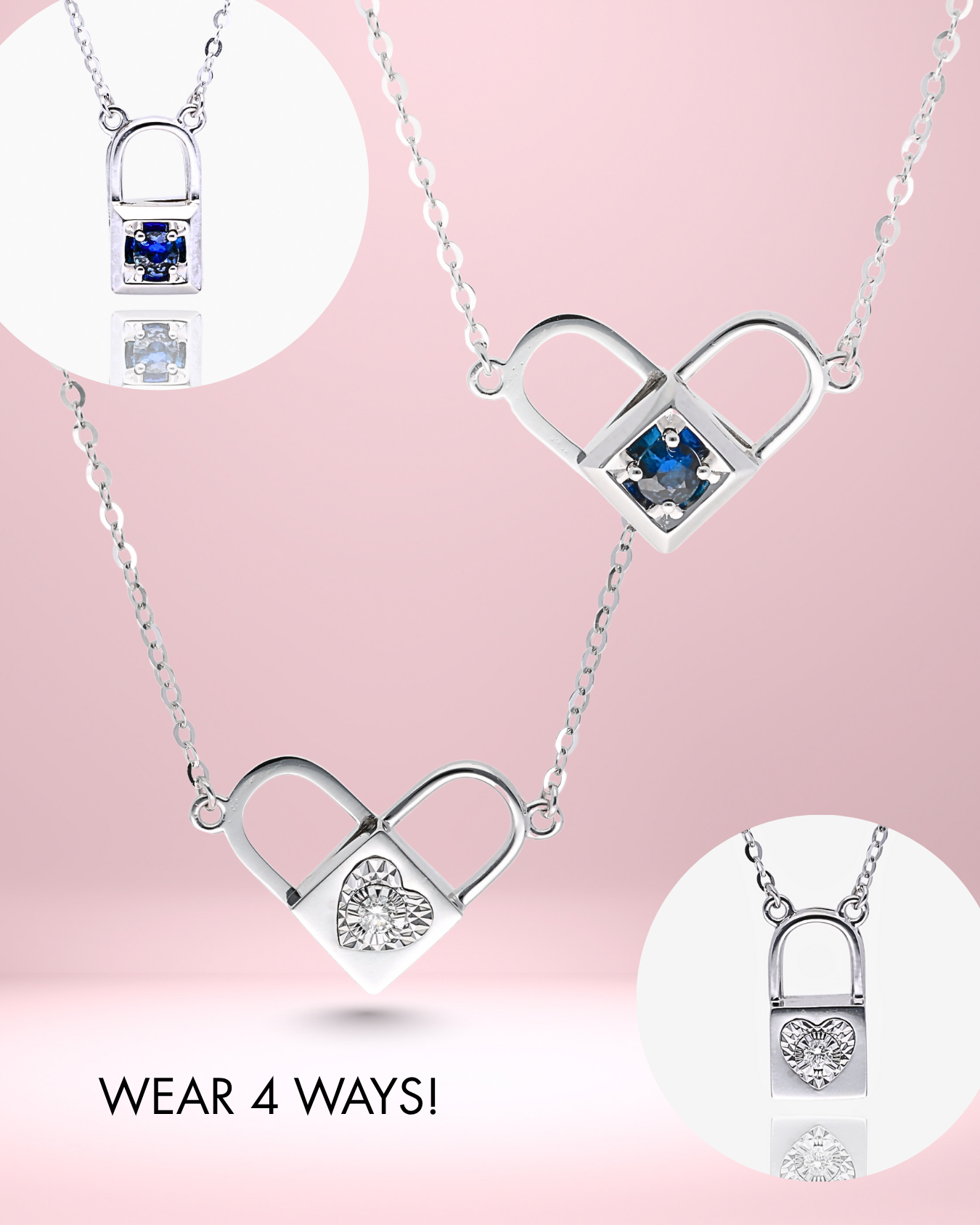 Heart Lock Sapphire and Diamond Convertible Necklace in 14K White Gold