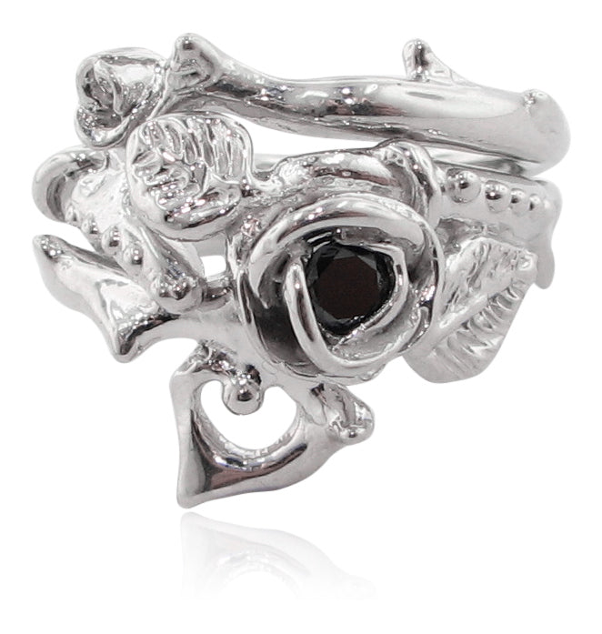 Silver Black Diamond Wedding Ring Set, Thorned Rose