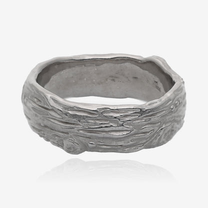 Knotted Tree Bark Textured Silver Domed Band