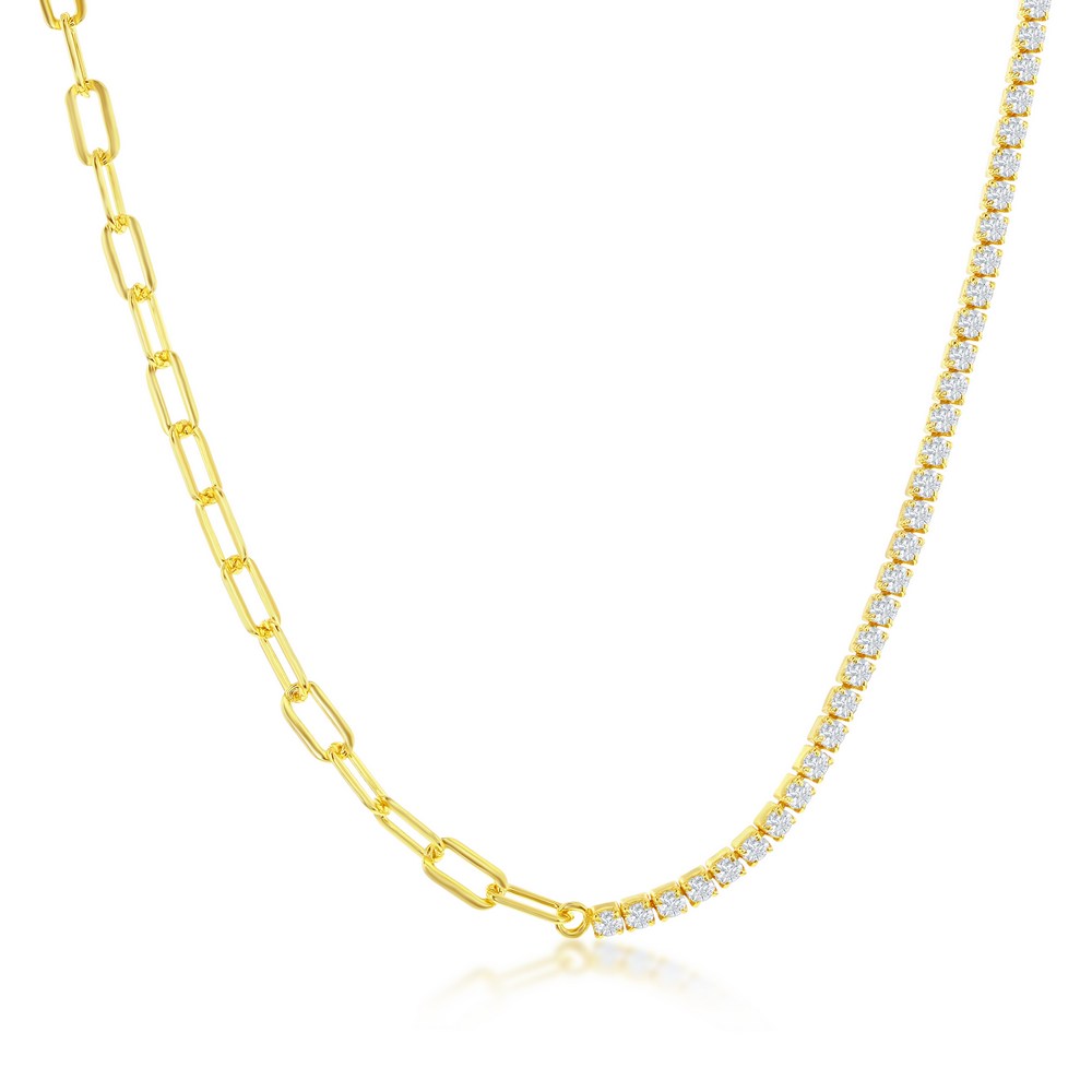 Gold Plated Silver Half &amp; Half Paperclip &amp; Tennis Necklace