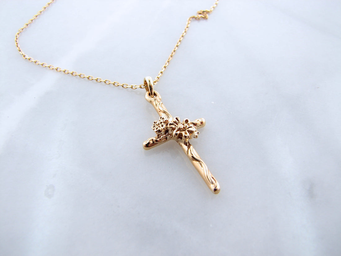 Yellow Gold Cross Necklace, Daisy Vine