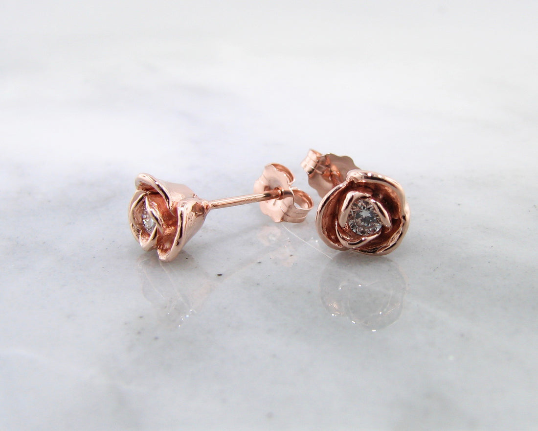 Diamond Rose Gold Earring Studs, Petite Rose