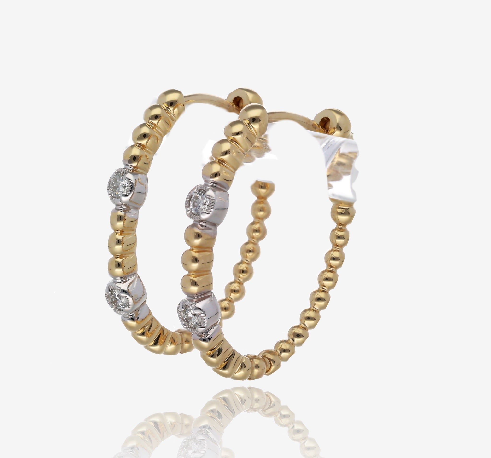 Beaded Diamond Hoops in 14K Two Tone Yellow and White Gold
