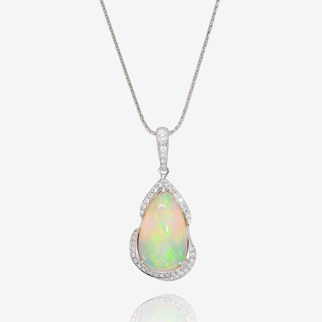 Moonlit Fire: 14K White Gold Opal and Diamond Pendant