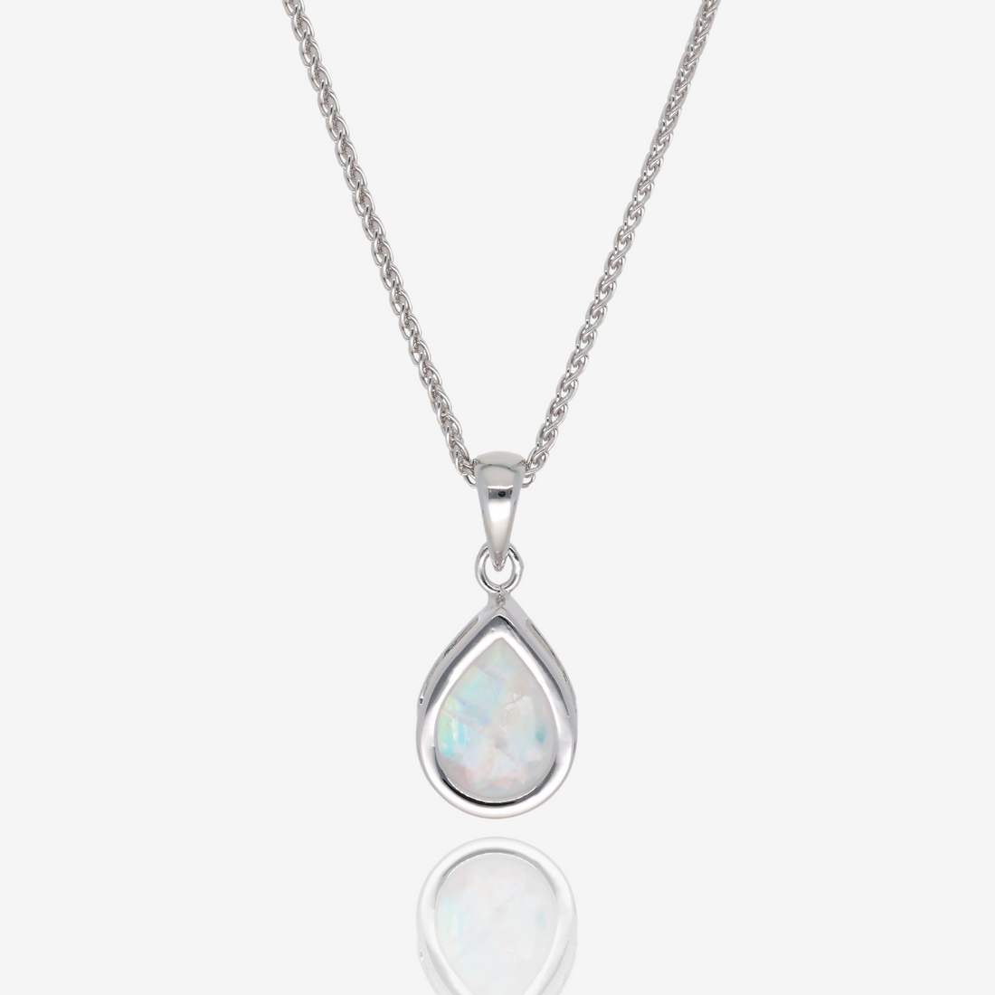 Pear Shaped Rainbow Moonstone Bezel Pendant in Sterling Silver
