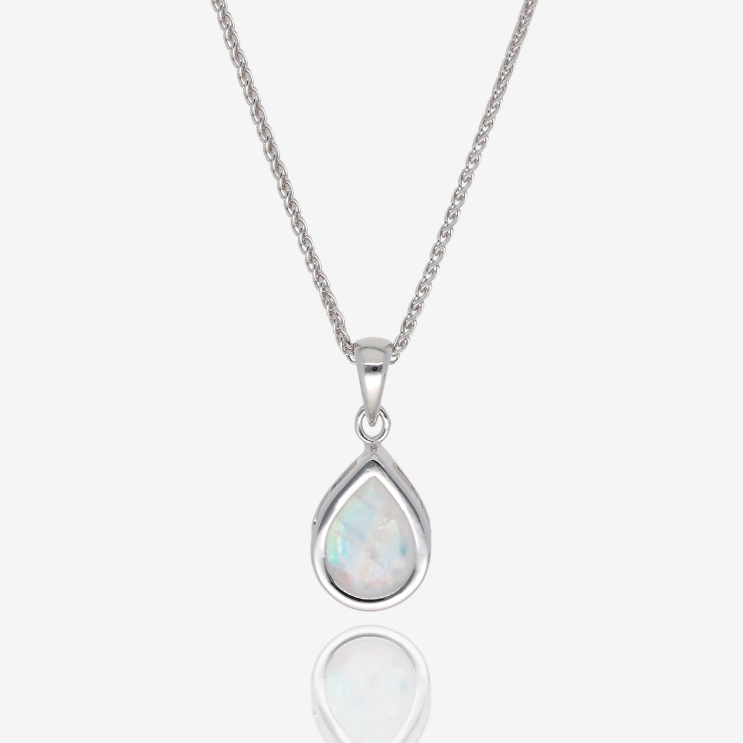 Pear Shaped Rainbow Moonstone Bezel Pendant in Sterling Silver