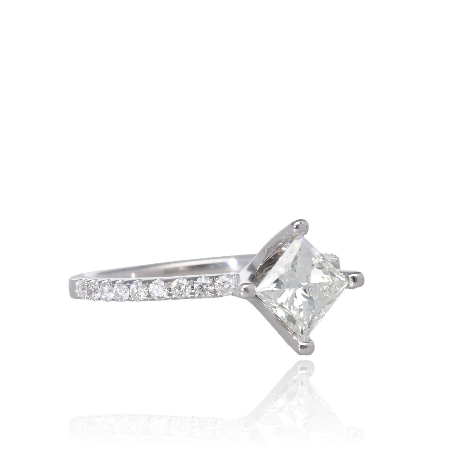 1.18ct Starlight Compass 18K White Gold Princess Cut Natural Diamond Engagement Ring with Pave Band