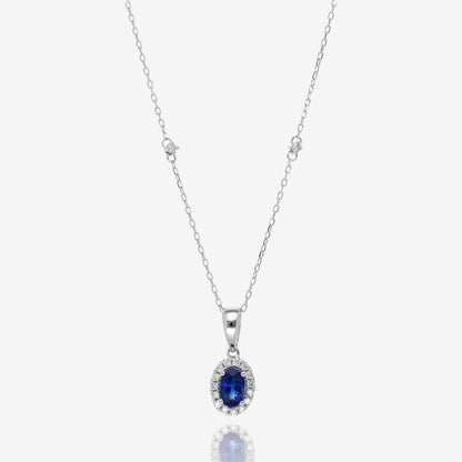Natural Sapphire and Diamond Halo Pendant in 14K White Gold