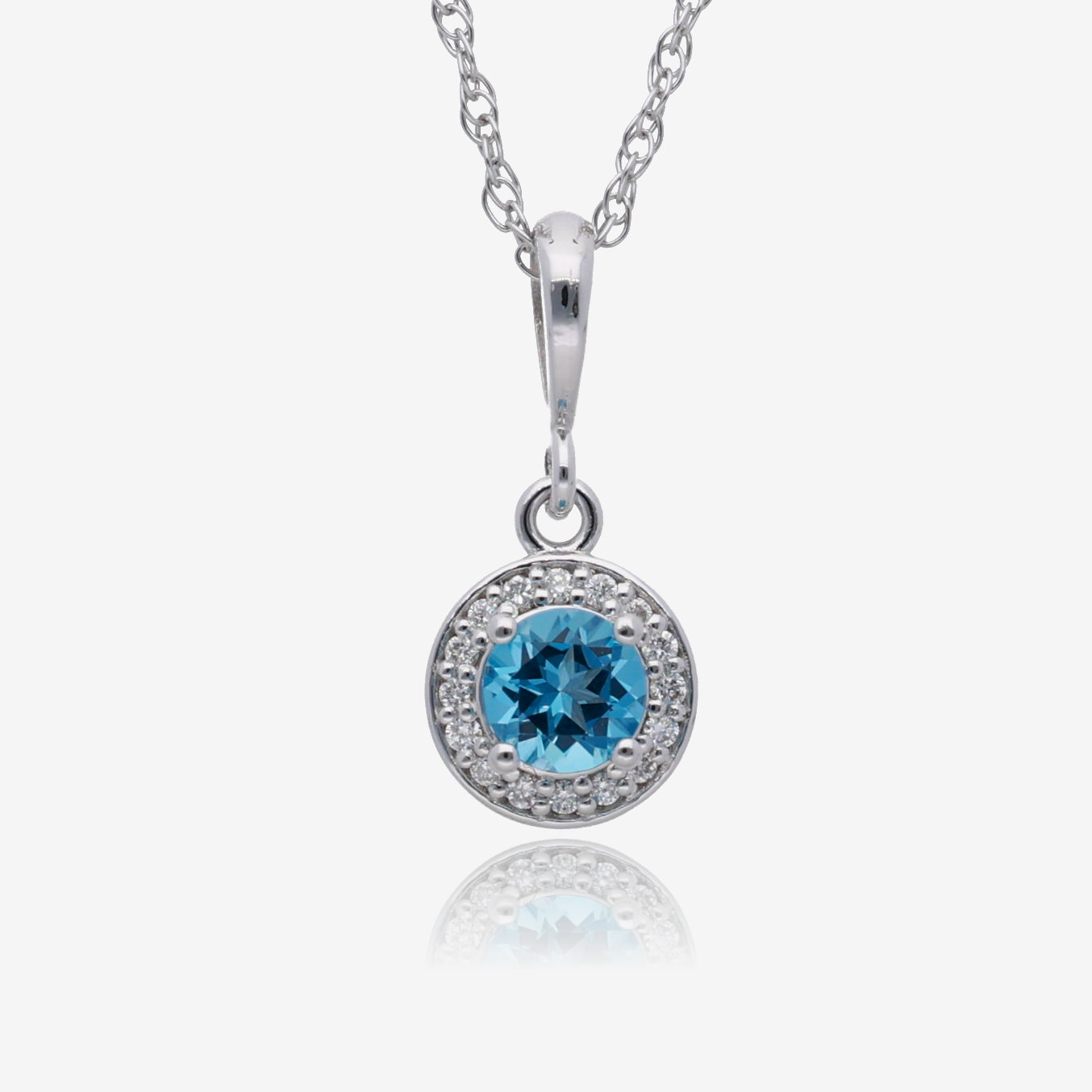 Sky Blue Topaz and Lab Grown Diamond Halo Pendant in 14K White Gold