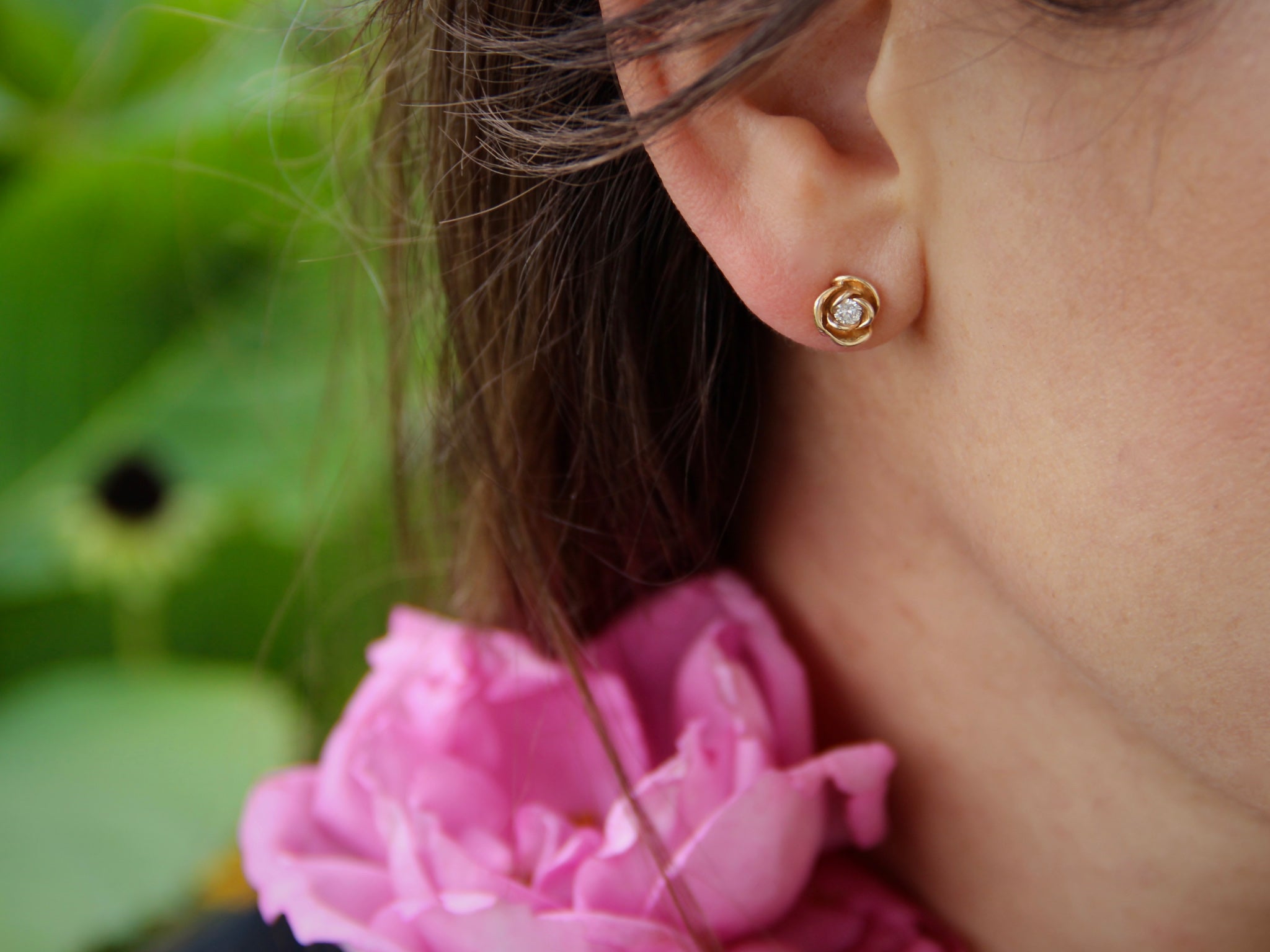 Diamond Rose Gold Earring Studs, Petite Rose